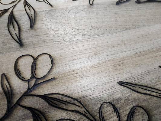 Olive Branch Acacia Cutting Board with Handle | Rustic Round Wood Charcuterie Board | Mediterranean Kitchen Gift | KrisandLarry