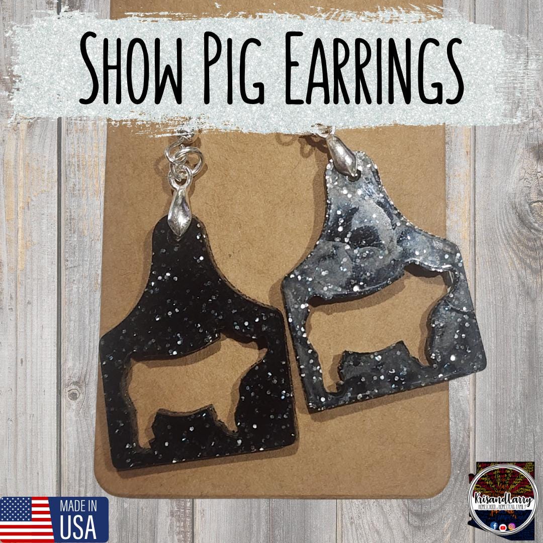 Black Glitter Acrylic Livestock Tag Earrings – Lightweight Show Animal Jewelry – 4H FFA Gift – Farm Girl Style – Goat, Pig, Steer, Lamb,