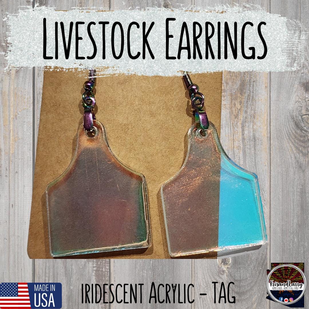 Iridescent Acrylic Farm Animal Earrings – Steer, Lamb, Pig, Goat, Cow Head, Ear Tag – 4H FFA Gift – Lightweight Livestock Jewelry