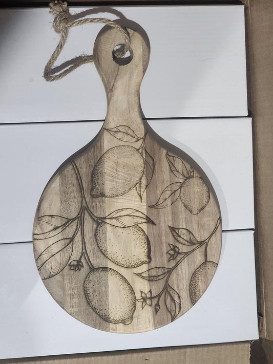 Lemon Leaves Acacia Cutting Board with Handle | Small Round Rustic Charcuterie Tray | Farmhouse Kitchen Gift | KrisandLarry