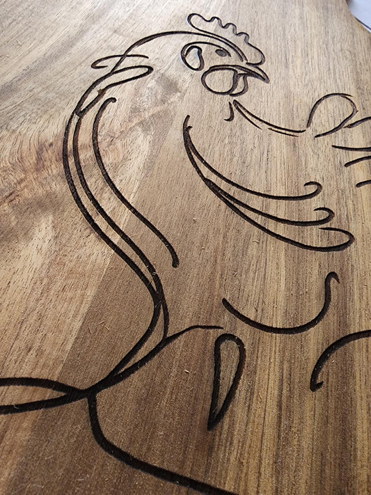 Chicken  Deviled Egg Board, Round Acacia Wood Tray with Original Laser-Etched Art, Holds 24 Eggs, Charcuterie, Cheese, & Cutting Board