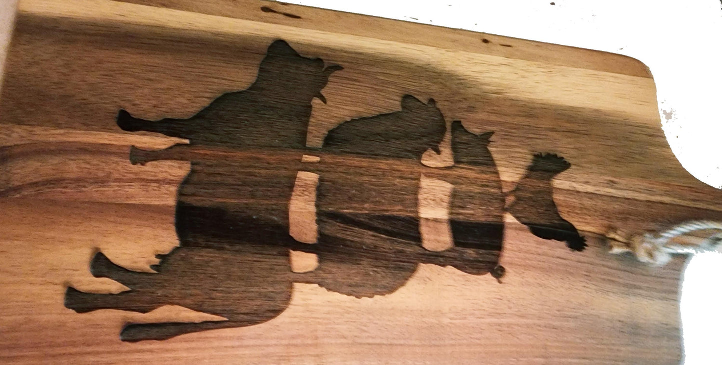 Rectangle Acacia laser etched Deviled Egg Board, 18 eggs, Platter, Cutting Board, Tray, farm stacked animals