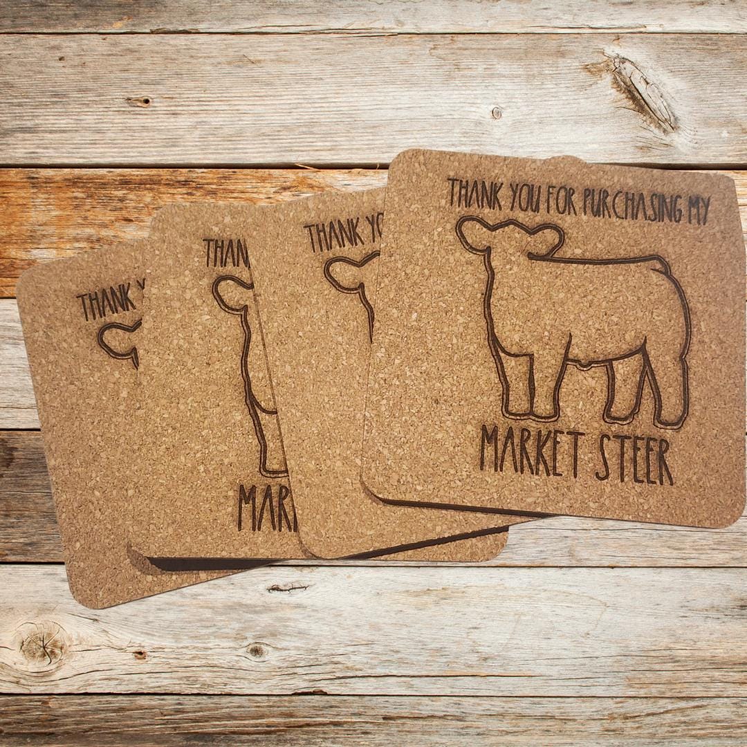 Market steer, buyer's gift, cork coasters, set of 4, same designs. Thank you gift, livestock