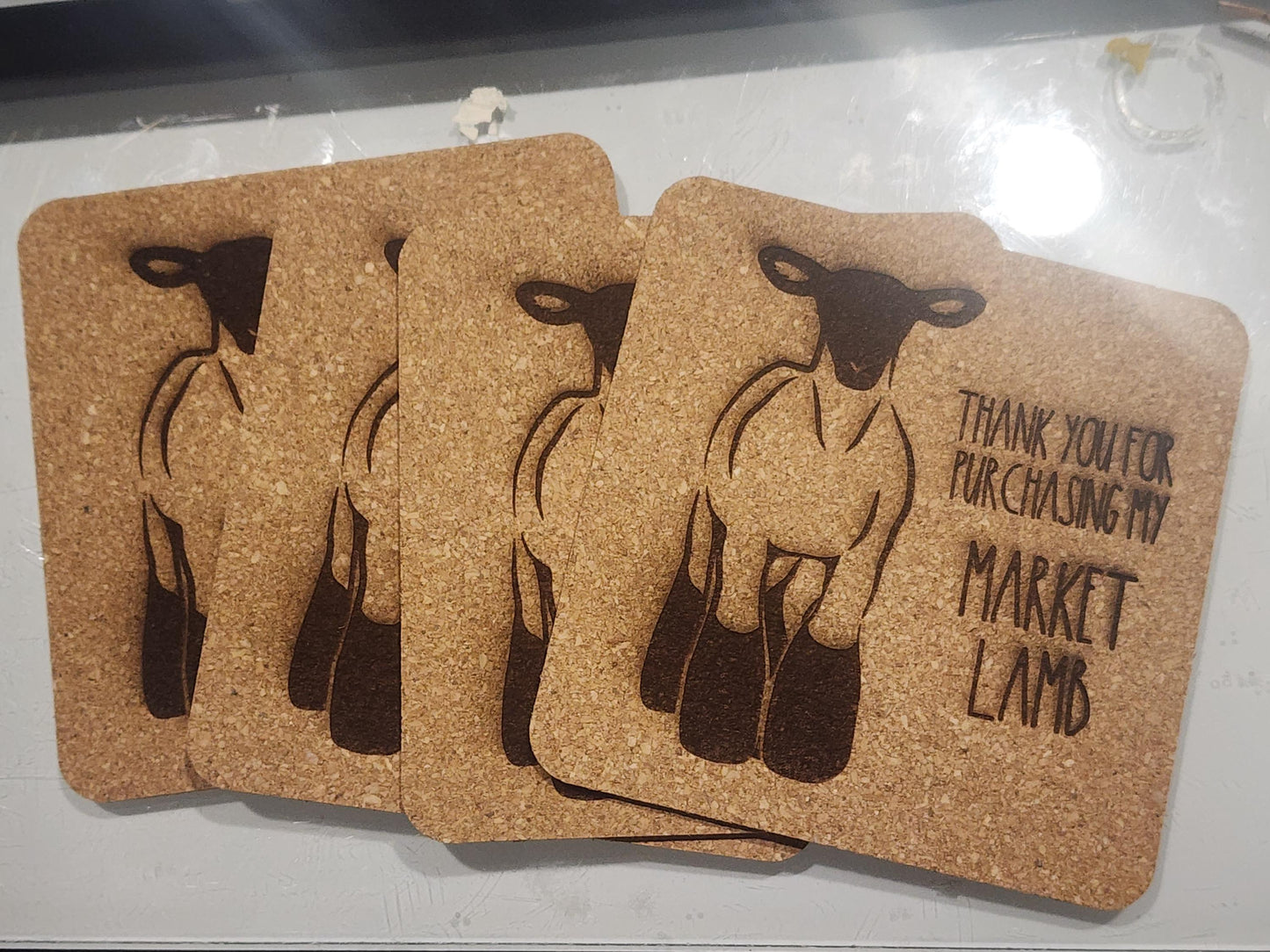 Market lamb, buyer's gift, cork coasters, set of 4, same designs. Thank you gift, livestock