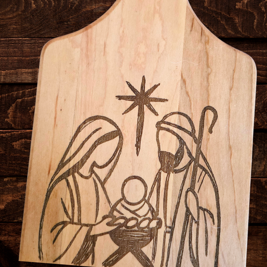 Nativity Cutting Board | Maple Paddle Bread Board | Mary Joseph & Baby Jesus | Christian Christmas Decor