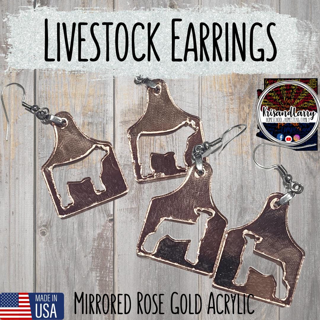 Mirrored Rose Gold Livestock Tag Earrings, Lightweight Acrylic Jewelry, Show Animal Cutouts, 4H FFA Gift, Steer, Lamb, Pig, Turkey, Chicken