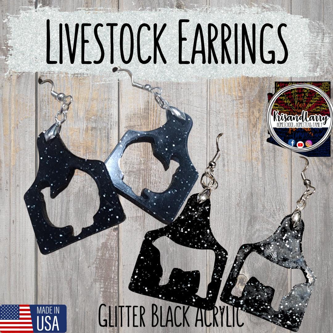 Black Glitter Acrylic Livestock Tag Earrings – Lightweight Show Animal Jewelry – 4H FFA Gift – Farm Girl Style – Goat, Pig, Steer, Lamb,