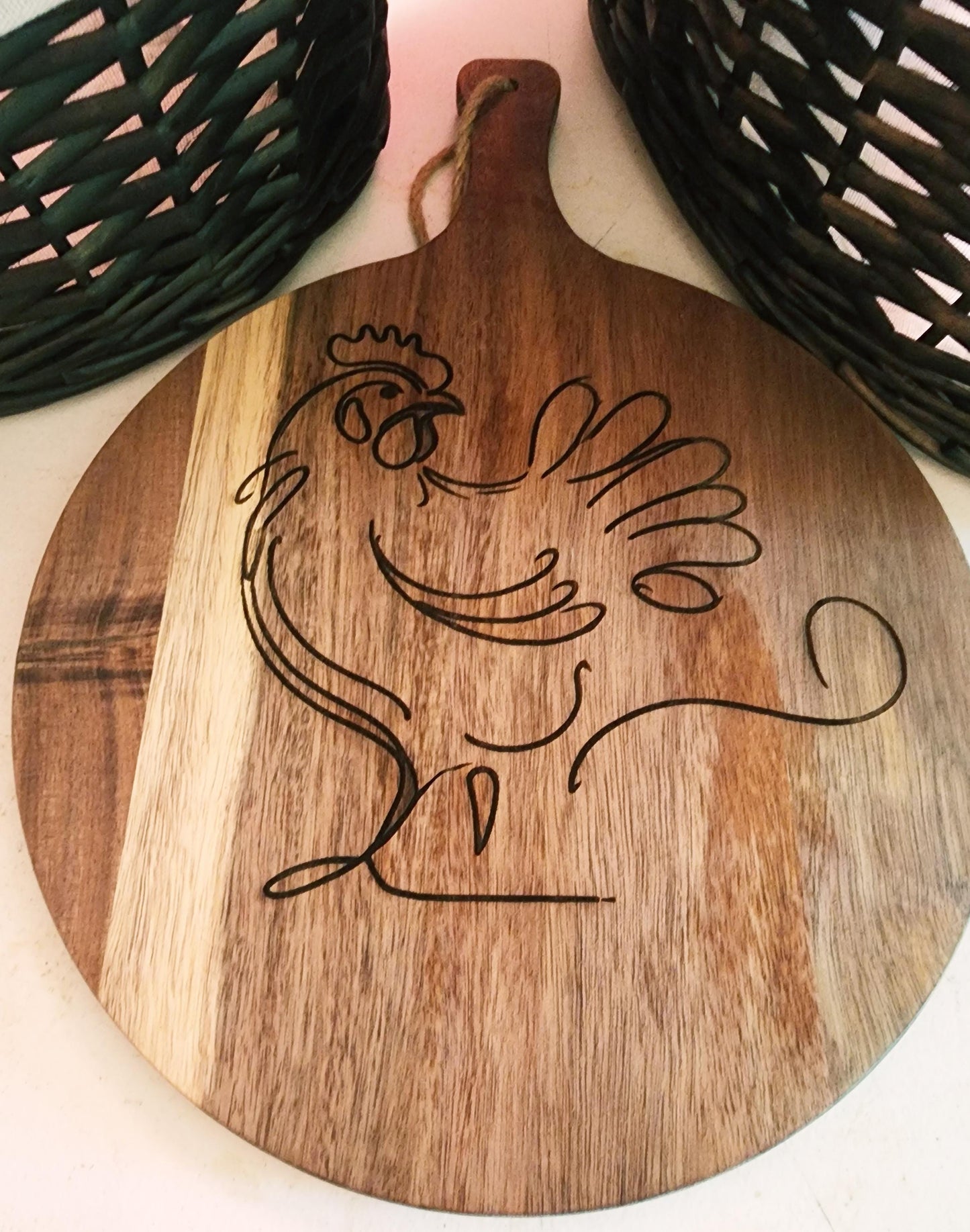 Chicken Deviled Egg Board, Round Acacia Wood Tray with Original Laser-Etched Art, Holds 24 Eggs, Charcuterie, Cheese, & Cutting Board