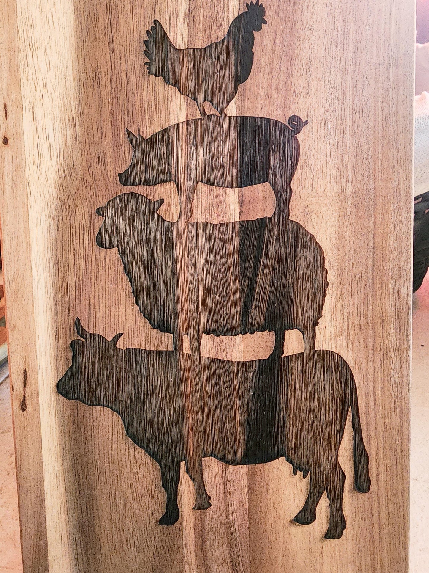 Rectangle Acacia laser etched Deviled Egg Board, 18 eggs, Platter, Cutting Board, Tray, farm stacked animals