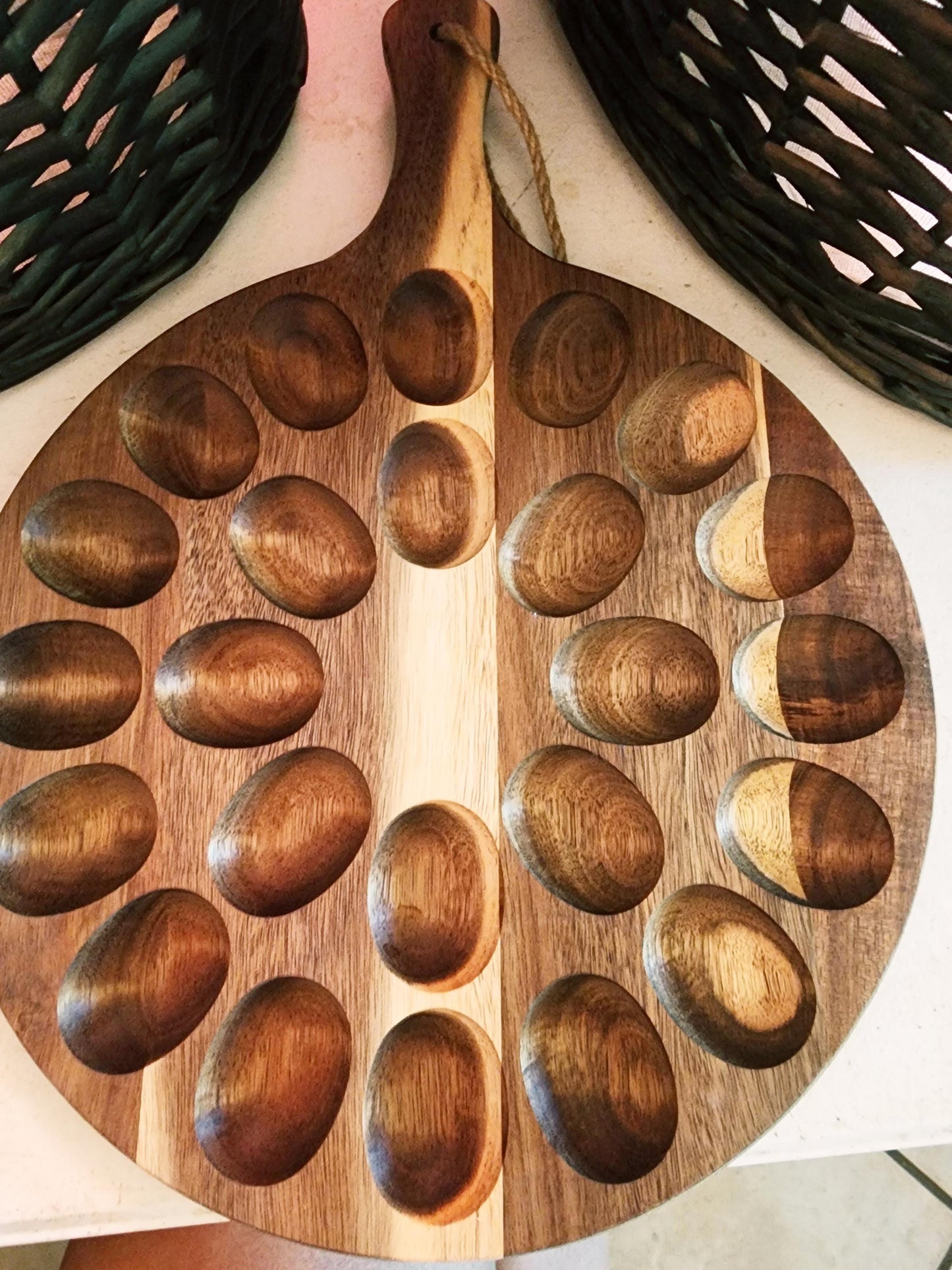Chicken Deviled Egg Board, Round Acacia Wood Tray with Original Laser-Etched Art, Holds 24 Eggs, Charcuterie, Cheese, & Cutting Board