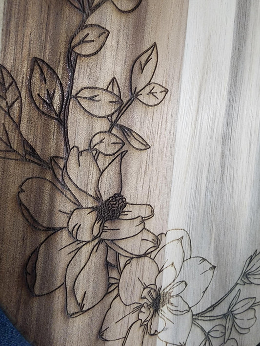 Magnolia Flower Acacia Cutting Board with Handle | Floral Round Wood Tray | Southern Kitchen Decor Gift | KrisandLarry