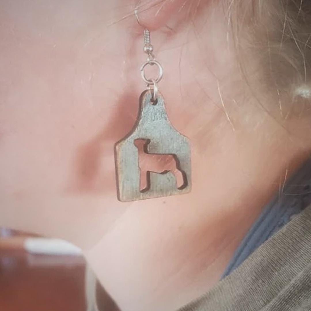 Distressed Tag Goat Earrings, Wood Ear Tag Earrings, Market Goat Jewelry, Livestock, Lightweight, Farm Show Gift, Handmade, Nickel-Free