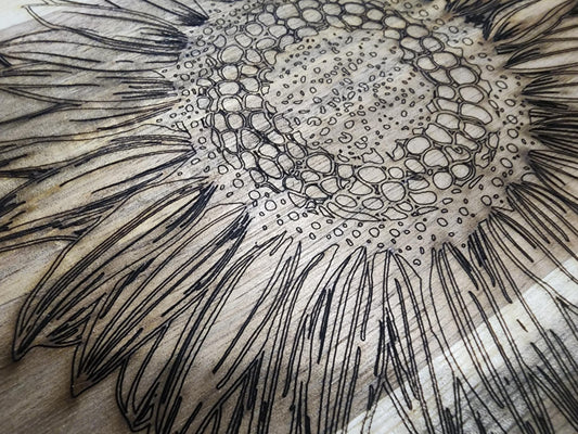 Sunflower Acacia Cutting Board with Handle | Round Rustic Farmhouse Charcuterie Board | Hand-Drawn Floral Art | KrisandLarry