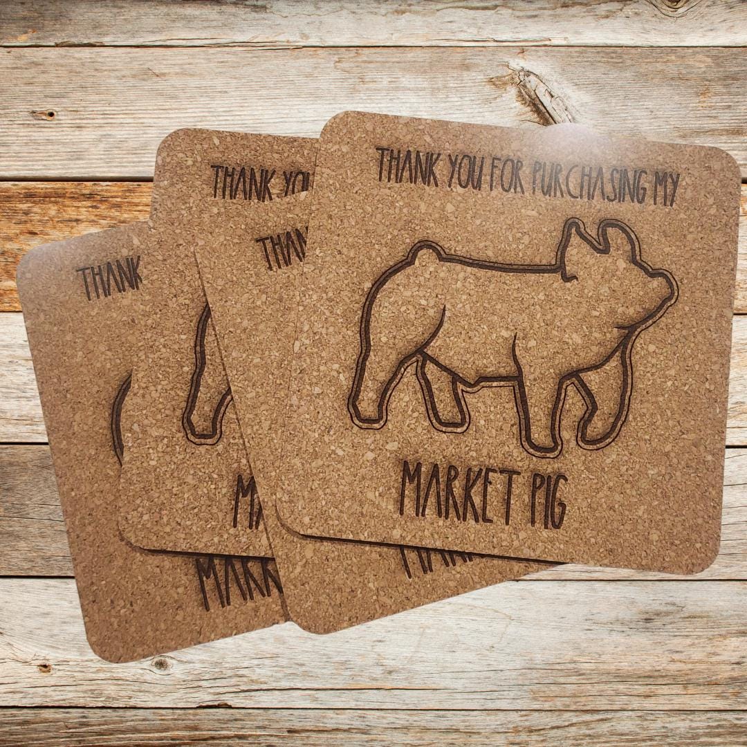 Market pig, buyer's gift, cork coasters, set of 4, same designs. Thank you gift, livestock