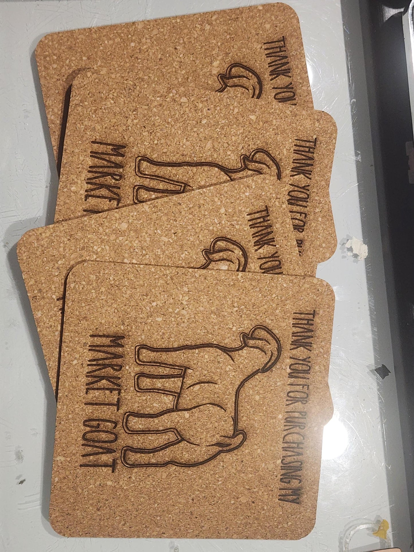 Market goat, buyer's gift, cork coasters, set of 4, same designs. Thank you gift, livestock