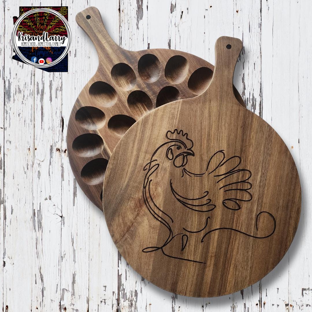 Chicken Deviled Egg Board, Round Acacia Wood Tray with Original Laser-Etched Art, Holds 24 Eggs, Charcuterie, Cheese, & Cutting Board
