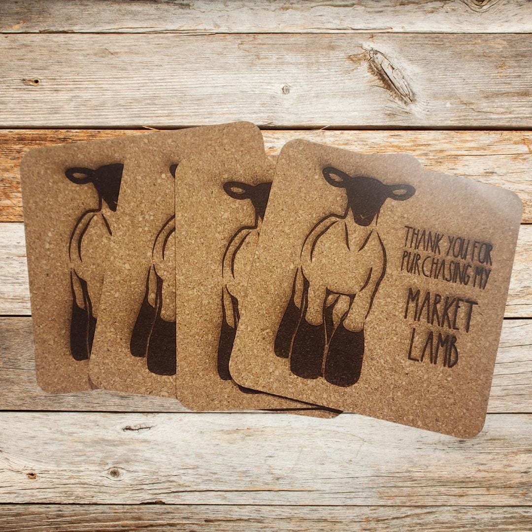 Market lamb, buyer's gift, cork coasters, set of 4, same designs. Thank you gift, livestock
