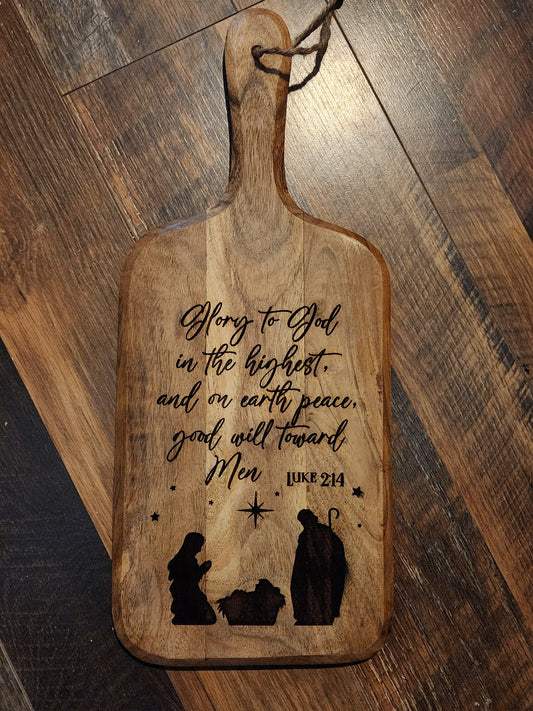 NATIVITY Acacia Wood cutting board, Cheese Board, Chopping Boards, (17" X 7") Luke 2:14