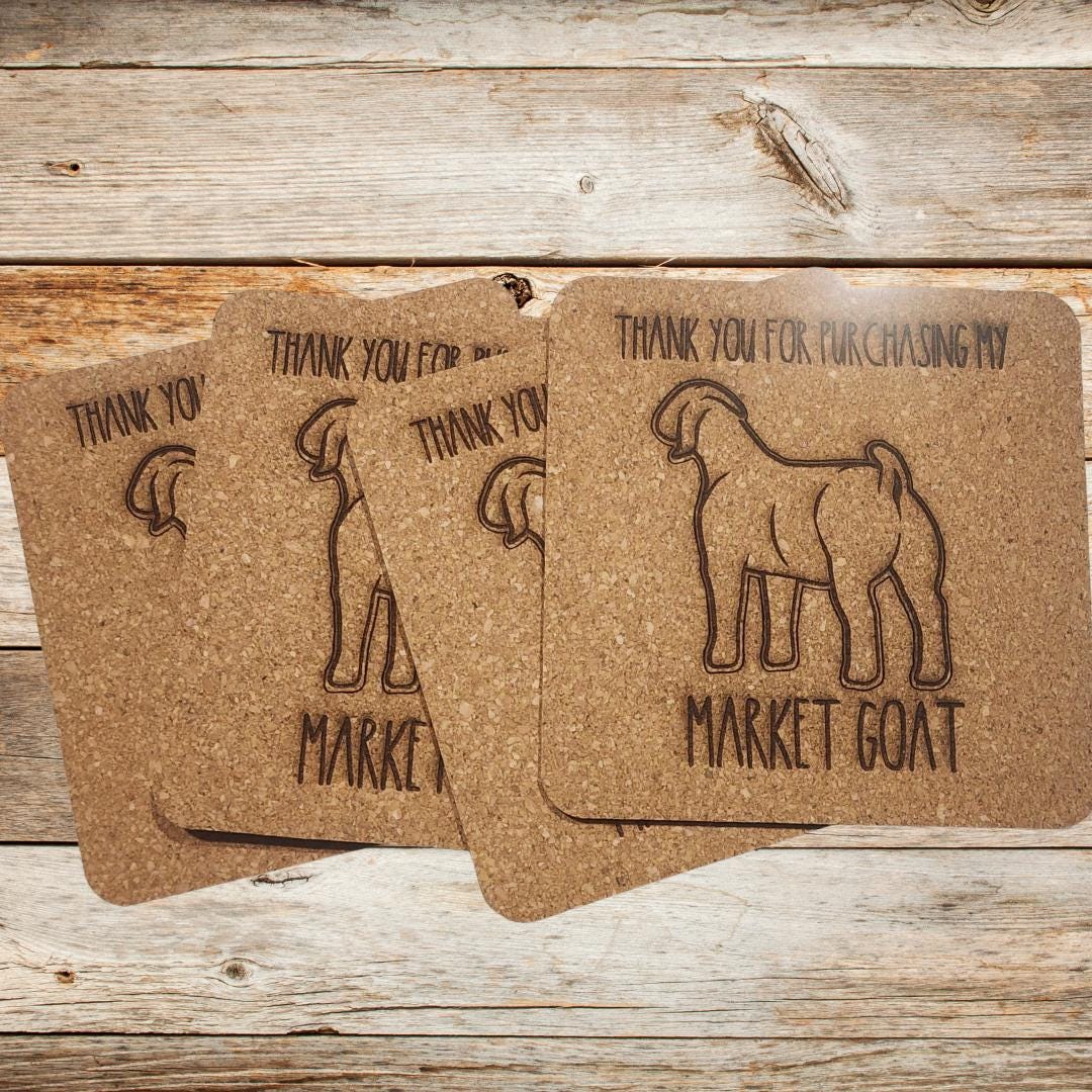 Market goat, buyer's gift, cork coasters, set of 4, same designs. Thank you gift, livestock