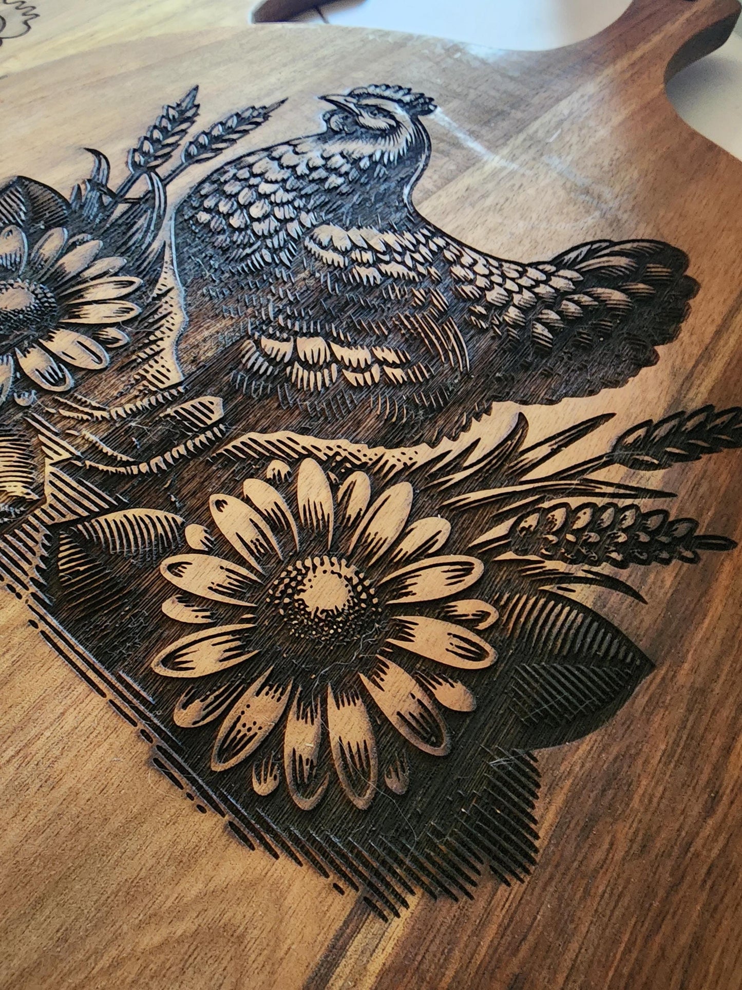Round Acacia laser etched Deviled Egg Board, 24 eggs, Platter, Cutting Board, Tray, Chicken with flowers
