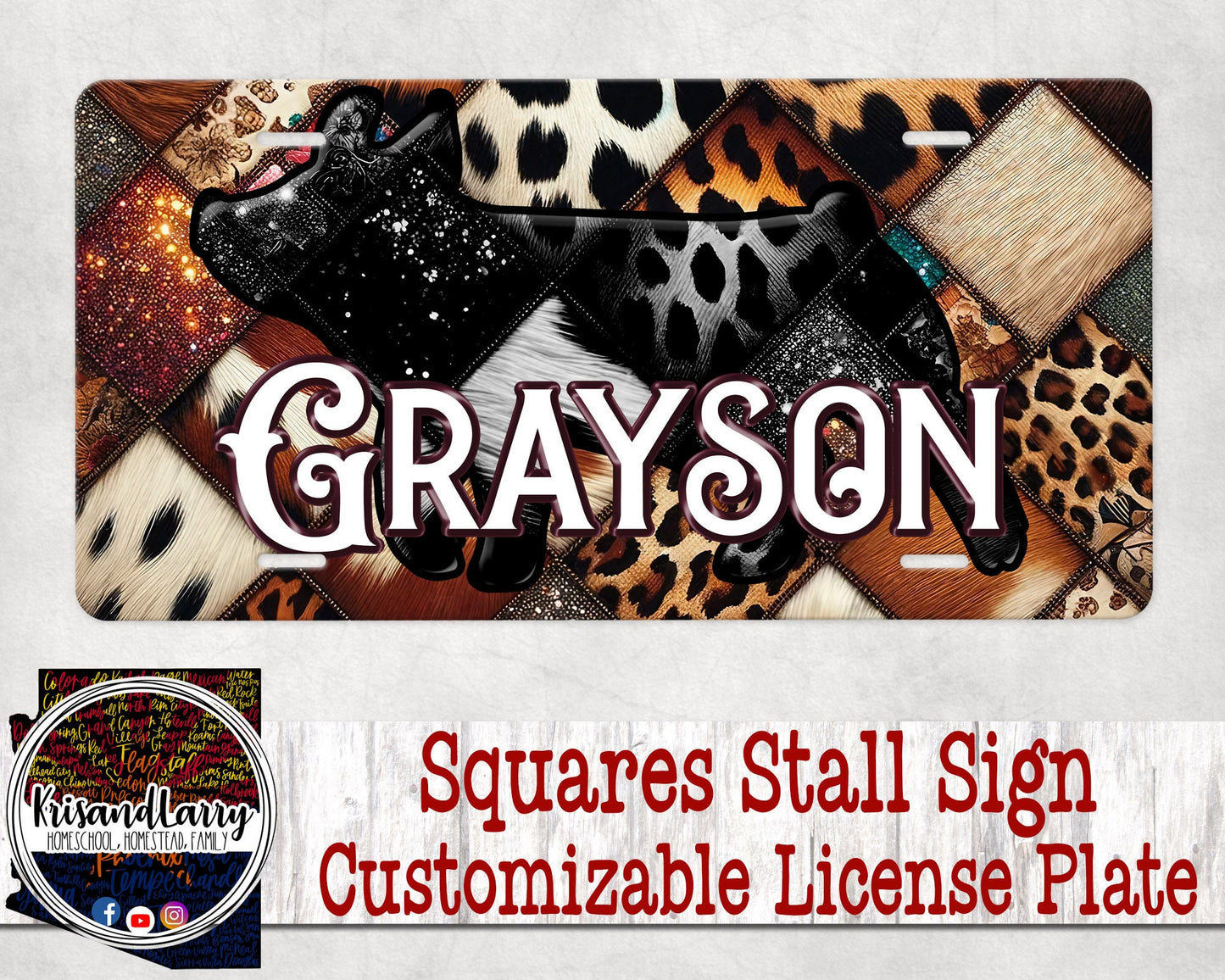 Custom License Plate Stall Sign - Squares western design, Livestock, Turkey, Goat, Lamb, Steer, chicken, Pig,