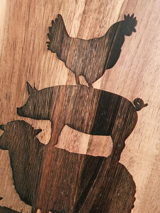 Rectangle Acacia laser etched Deviled Egg Board, 18 eggs, Platter, Cutting Board, Tray, farm stacked animals