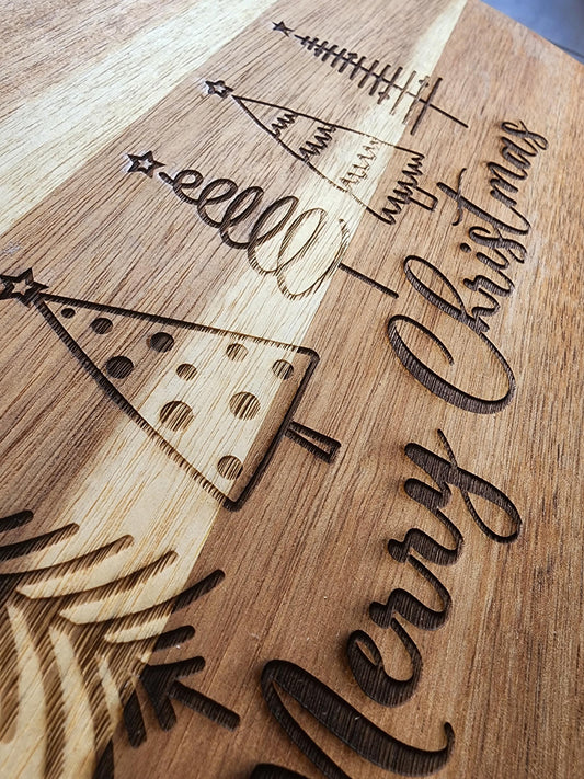 Merry Christmas, Christmas Trees round circle acacia cutting , serving board