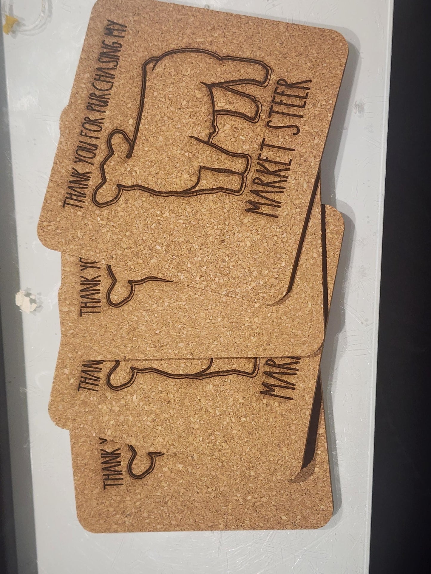 Market steer, buyer's gift, cork coasters, set of 4, same designs. Thank you gift, livestock
