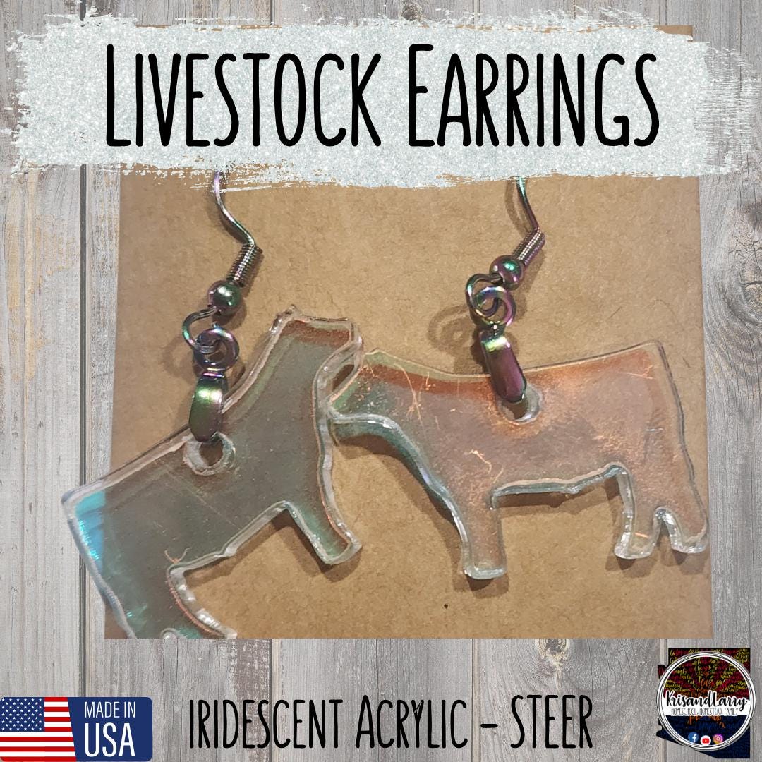 Iridescent Acrylic Farm Animal Earrings – Steer, Lamb, Pig, Goat, Cow Head, Ear Tag – 4H FFA Gift – Lightweight Livestock Jewelry