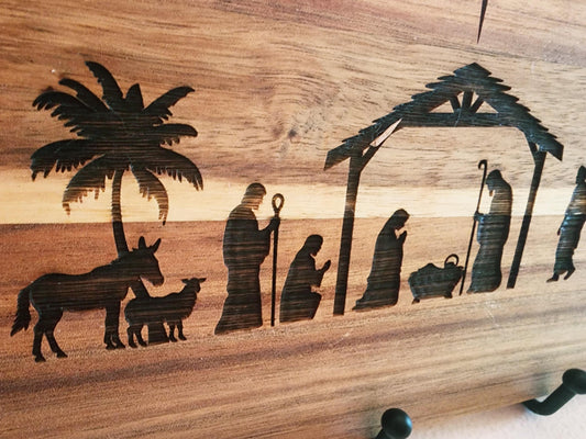 Nativity Acacia laser etched double handled cutting board for Fall, Christmas, original art
