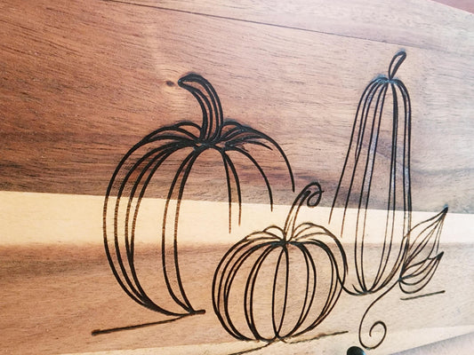 Pumpkin Acacia laser etched double handled cutting board for Fall, Christmas, original art