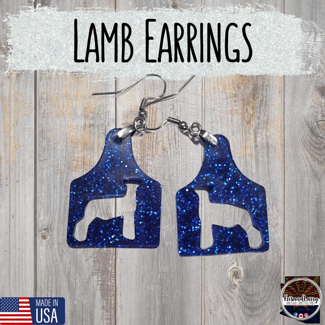 Blue Glitter Acrylic Livestock Tag Earrings – Lightweight Show Animal Jewelry – 4H FFA Gift – Farm Girl Style – Goat, Pig, Steer, Lamb,