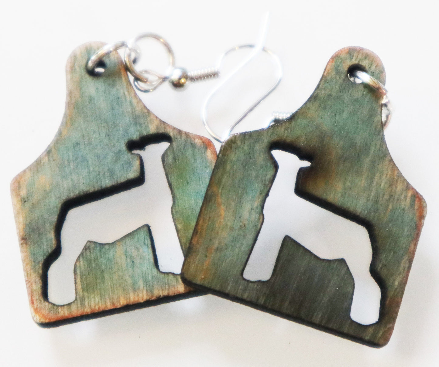 Distressed Tag Lamb Earrings – Turquoise Wood Ear Tag Earrings, Market Lamb Jewelry, Livestock Cutout, Lightweight, Handmade, Nickel-Free