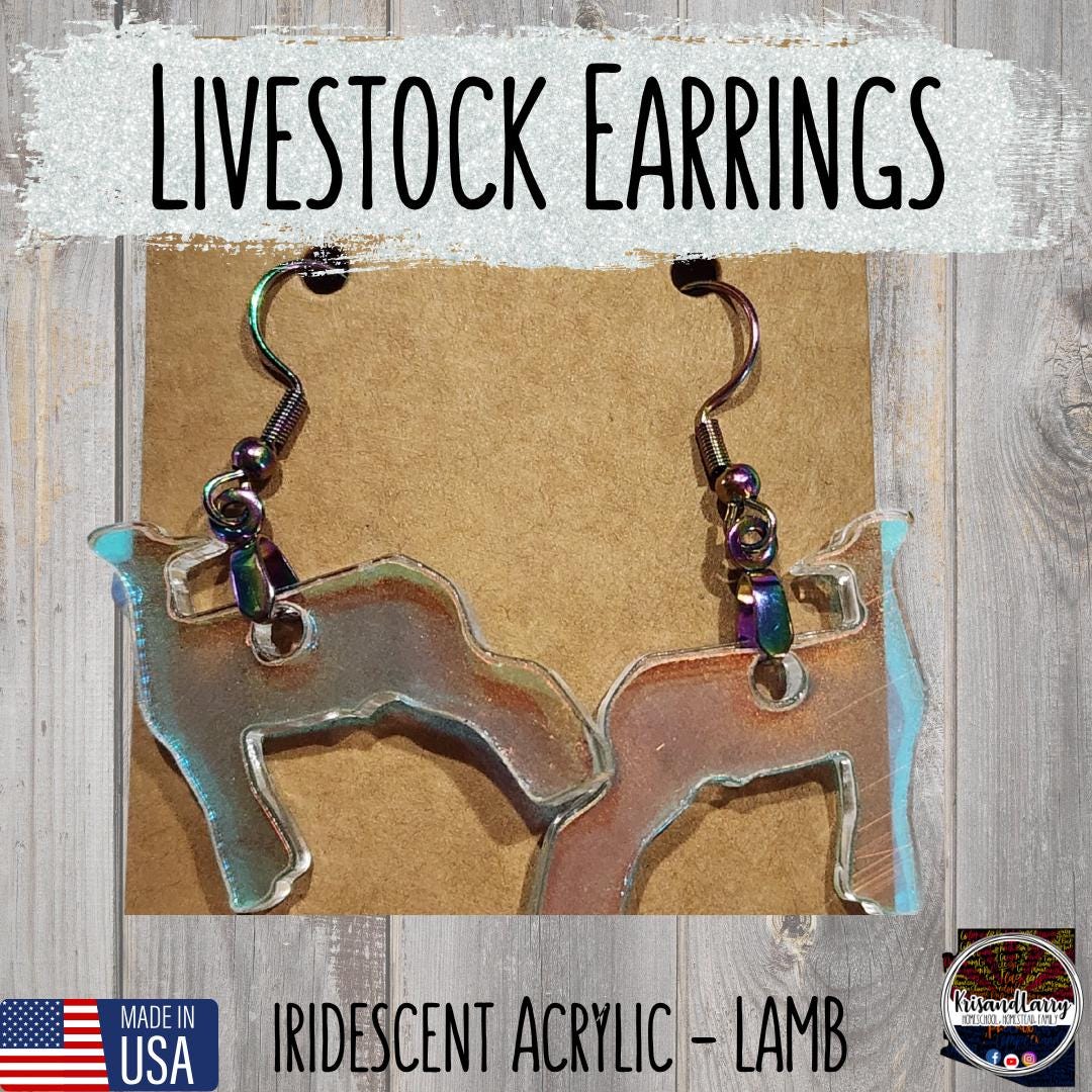 Iridescent Acrylic Farm Animal Earrings – Steer, Lamb, Pig, Goat, Cow Head, Ear Tag – 4H FFA Gift – Lightweight Livestock Jewelry