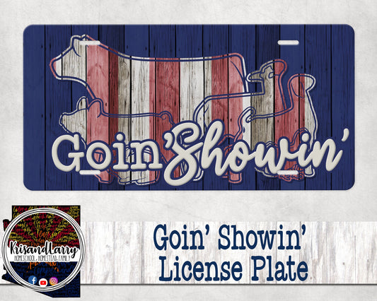 Goin' Showin' Red White and Blue American Livestock License Plate, Steer, Pig, Goat, Lamb