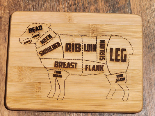 Lamb / Sheep Butcher Meat Cuts, western, country etched Bamboo Wood Cutting Board  - 8.75 x 6.875 inches