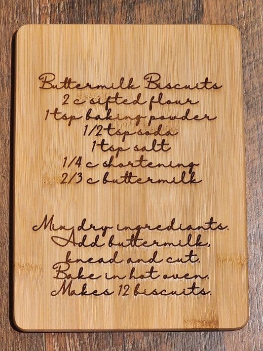 Buttermilk Biscuits Handwritten Recipe, country etched Bamboo Wood Cutting Board  - 8.75 x 6.875 inches