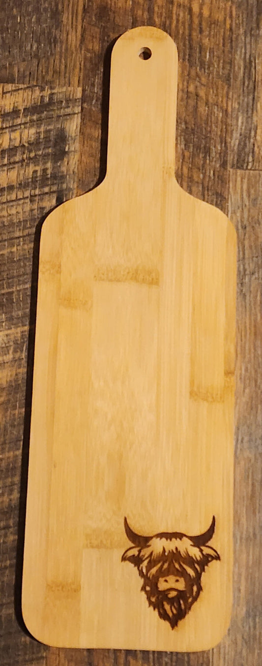Highland Cow, cutting board, serving board, Bamboo Paddle Serving Board