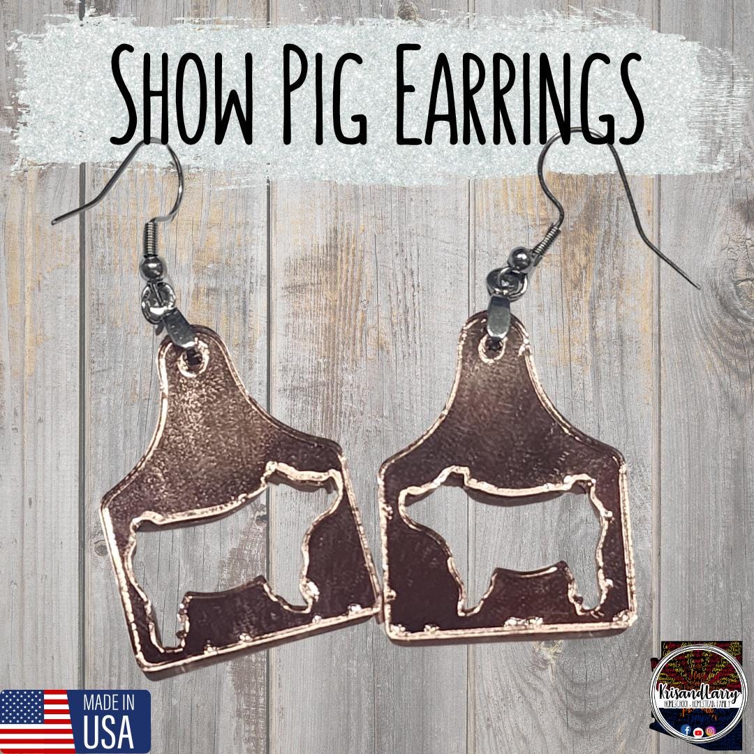 Mirrored Rose Gold Livestock Tag Earrings,  Lightweight Acrylic Jewelry, Show Animal Cutouts, 4H FFA Gift, Steer, Lamb, Pig, Turkey, Chicken