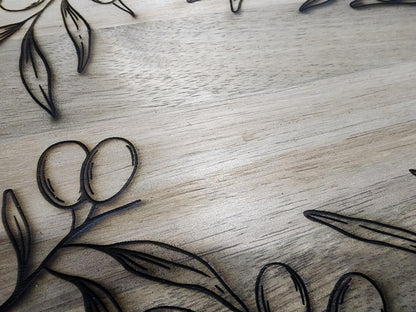 Olive Branch Acacia Cutting Board with Handle | Rustic Round Wood Charcuterie Board | Mediterranean Kitchen Gift | KrisandLarry