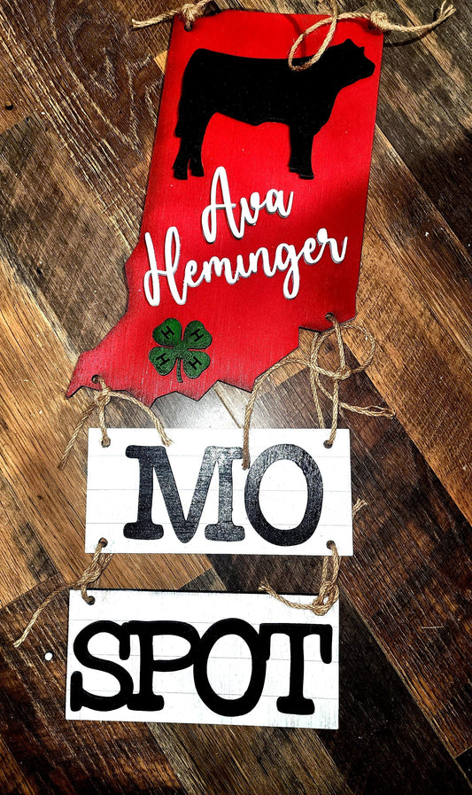 Indiana Stall Sign – Custom State Shaped Livestock Sign for 4H & FFA – Personalized Barn Sign for Steer, Pig, Goat, Lamb, Turkey
