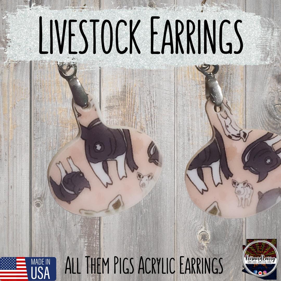Pig Print Acrylic Earrings – Bell & Round Tag Shapes – Lightweight, 1" Long – “All Them Pigs” Design – Nickel-Free Hooks