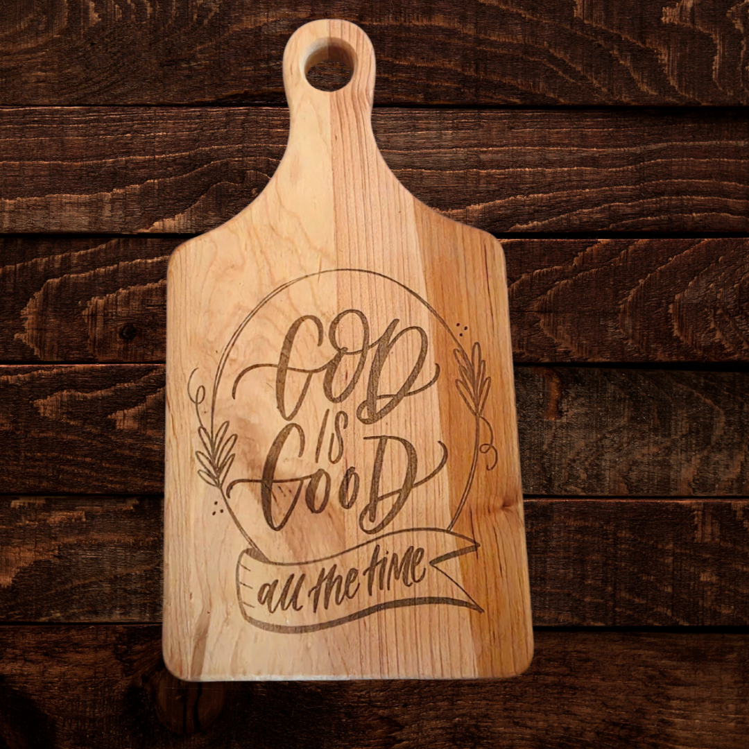 God is Good Cutting Board | Maple Paddle Bread Board | Christian Farmhouse Kitchen Decor
