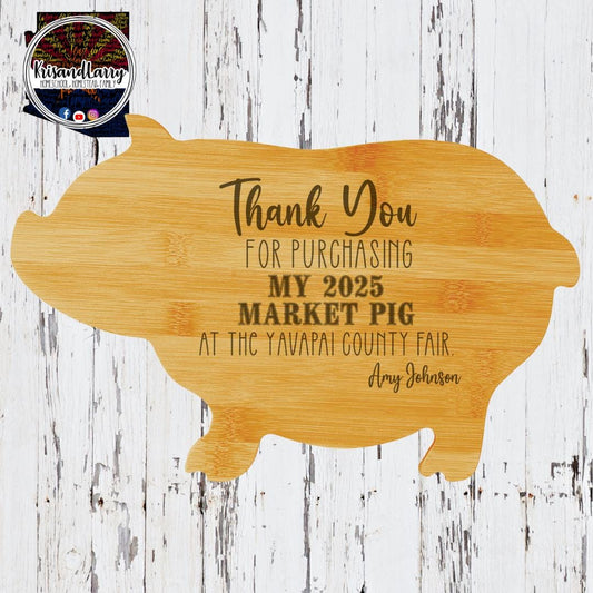 Pig Shaped Bamboo Cutting Board - Custom Engraved Gift - "Thank You for Purchasing My Market Pig" Buyer Gift, Farmhouse, Homestead Kitchen