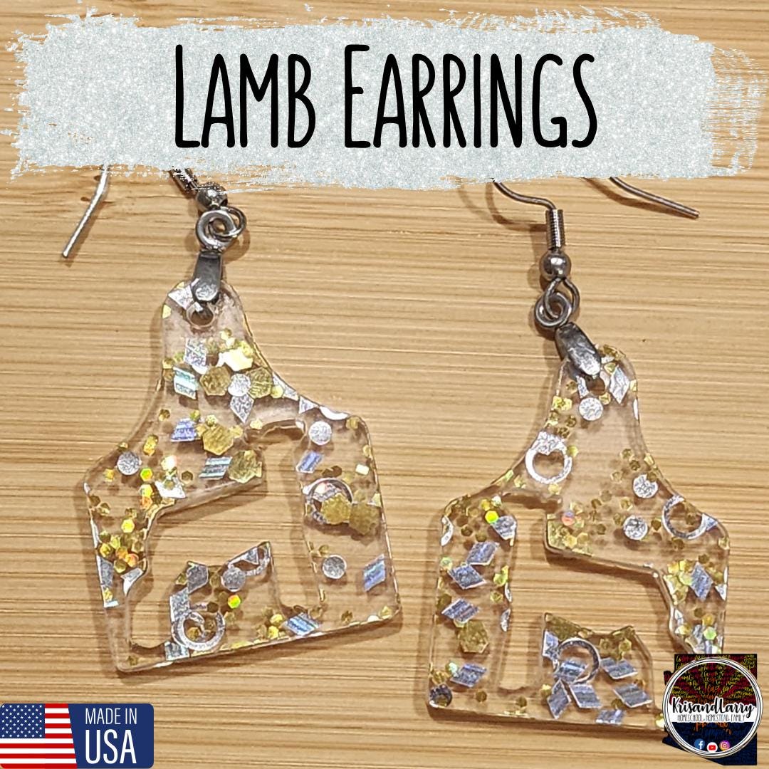 Clear Acrylic Livestock Tag Earrings – Gold & Silver Glitter – Show Animal Cutouts – 4H FFA Gift – Lightweight Farm Jewelry, Pig, Goat, lamb