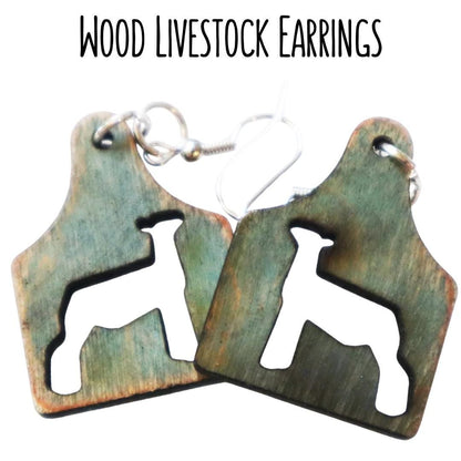 Distressed Tag Lamb Earrings – Turquoise Wood Ear Tag Earrings, Market Lamb Jewelry, Livestock Cutout, Lightweight, Handmade, Nickel-Free