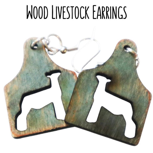 Distressed Tag Lamb Earrings – Turquoise Wood Ear Tag Earrings, Market Lamb Jewelry, Livestock Cutout, Lightweight, Handmade, Nickel-Free