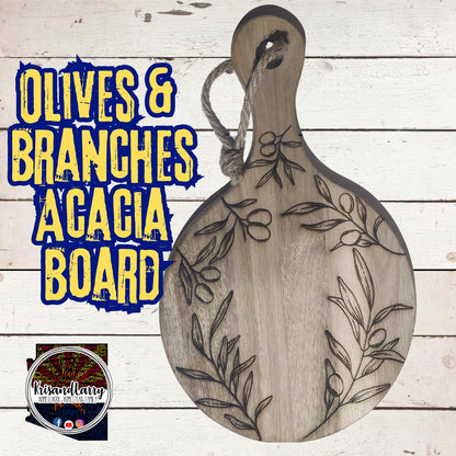 Olive Branch Acacia Cutting Board with Handle | Rustic Round Wood Charcuterie Board | Mediterranean Kitchen Gift | KrisandLarry