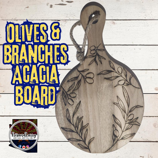 Olive Branch Acacia Cutting Board with Handle | Rustic Round Wood Charcuterie Board | Mediterranean Kitchen Gift | KrisandLarry