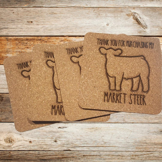Market steer, buyer's gift, cork coasters, set of 4, same designs. Thank you gift, livestock